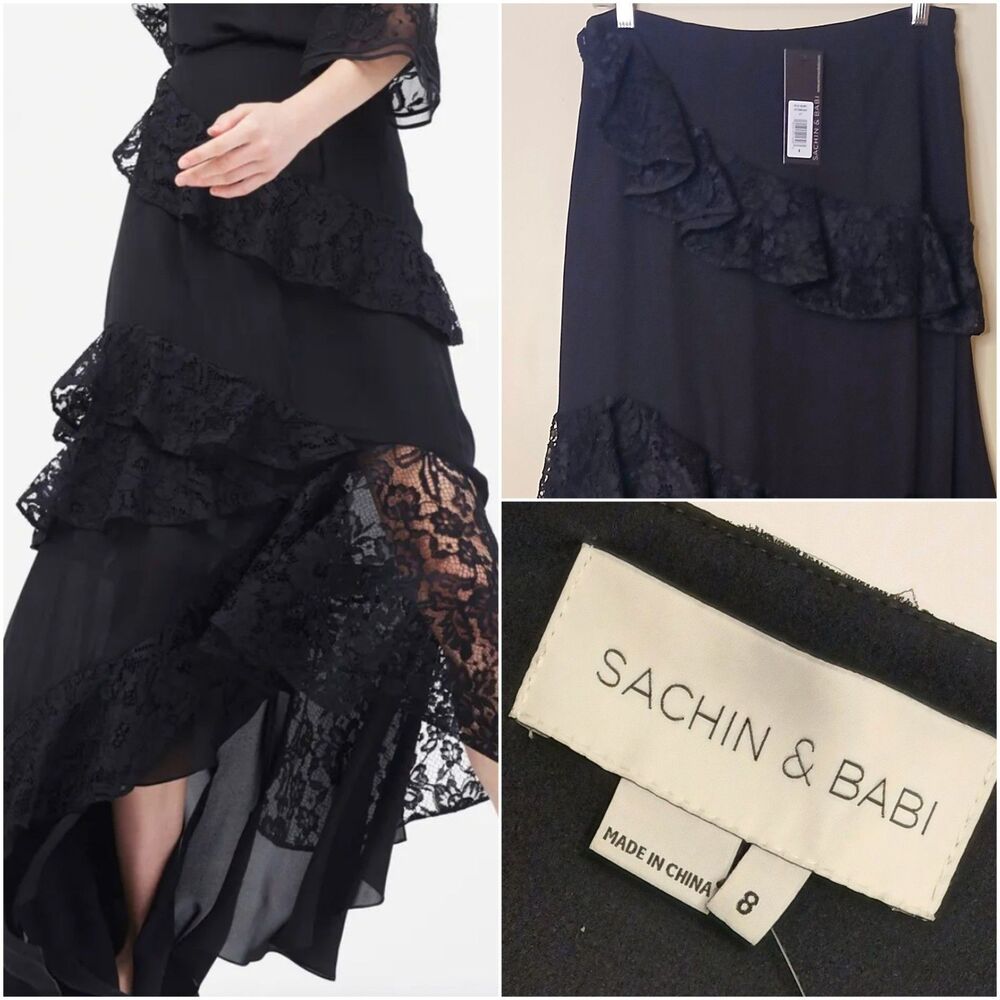 NWT Sachin & Babi Sz 8 Black Silk Tiered Ruffle Lace High-low Maxi Skirt Formal